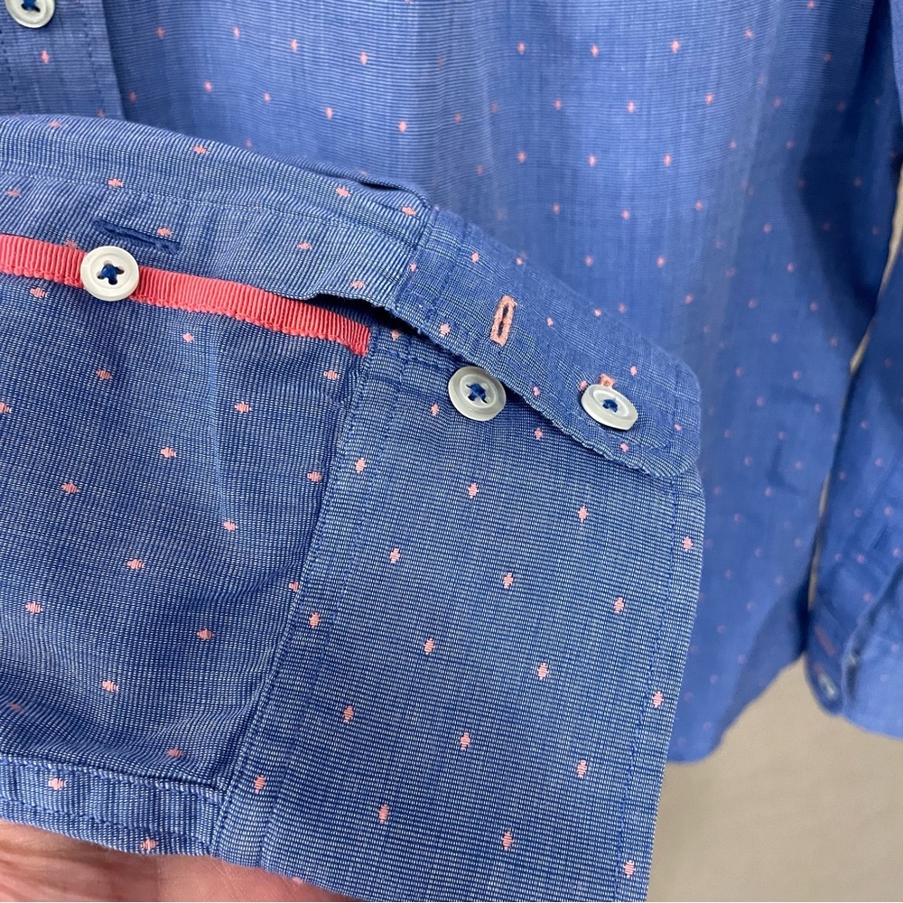Talbots Button Down Blue with Stitched Pink Polka Dots Shirt Blouse Size XL